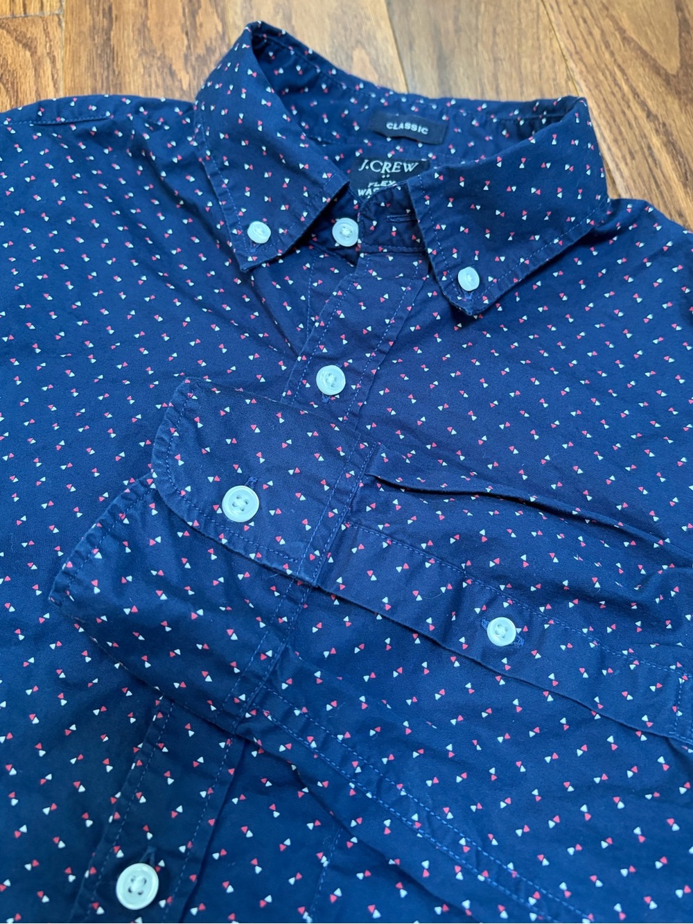 J. Crew Navy Button-Down Shirt with Pink While Micro Triangles Size M